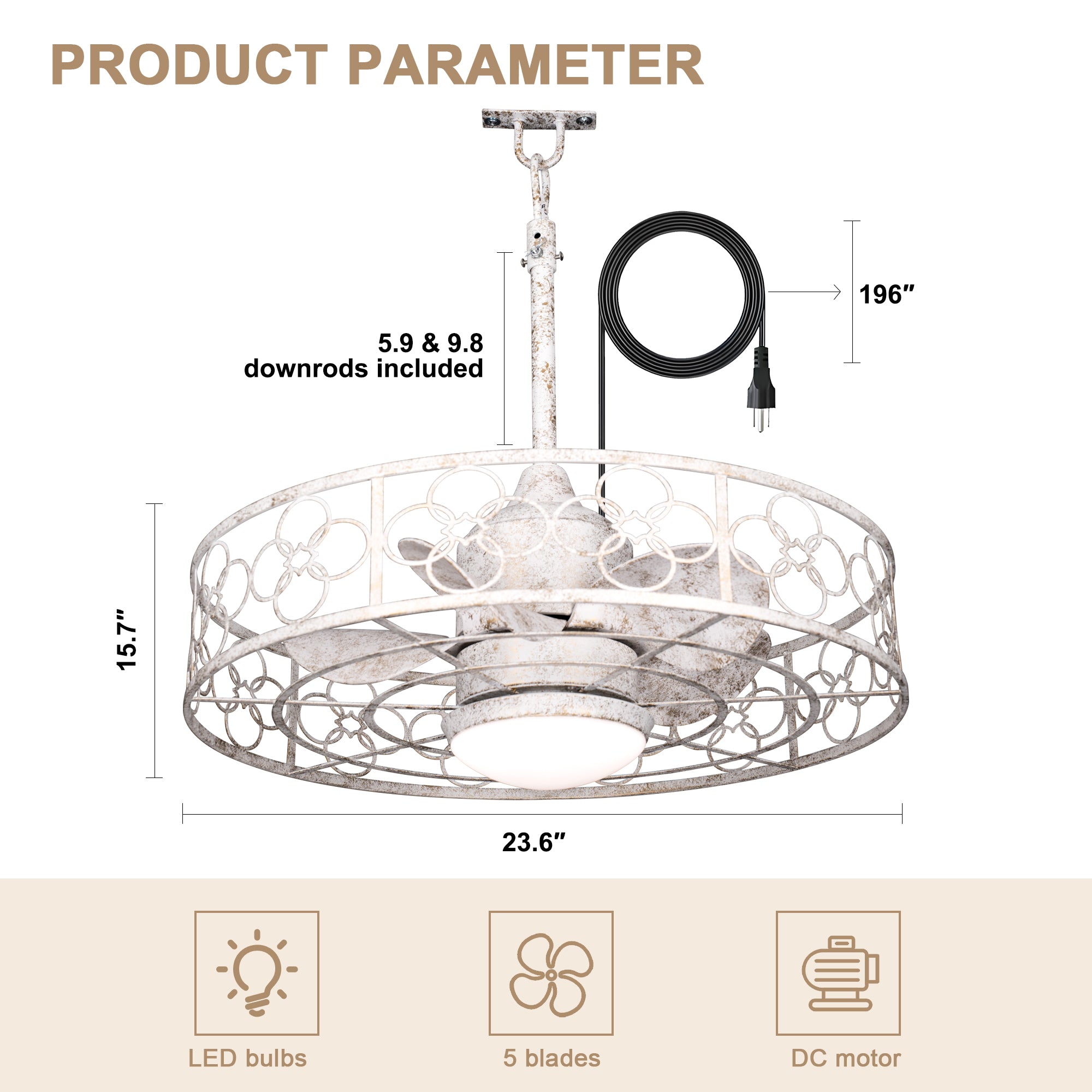 24 Inch Distressed White Outdoor Caged Ceiling Fan with LED Lights and Remote, 6 Speeds DC Motor Farmhouse Fandelier  Waterproof Ceiling Fan