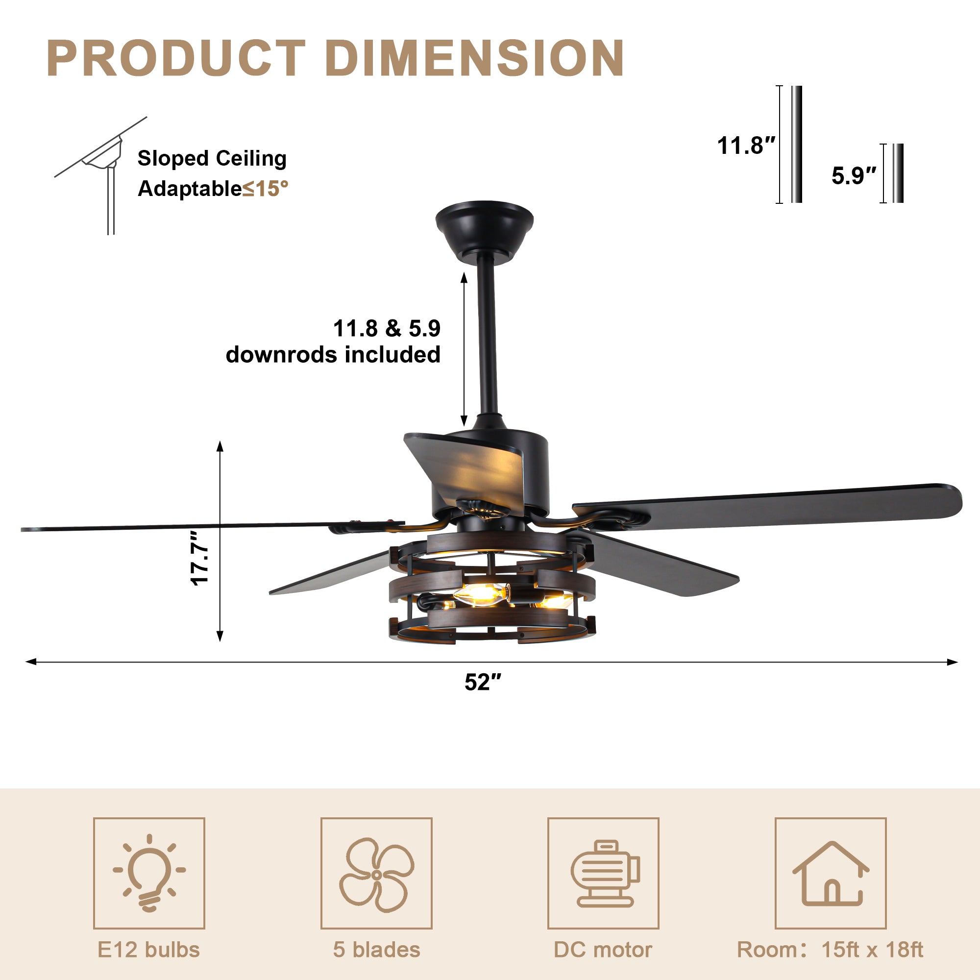 DC5224-BellaDepot 52" Farmhouse Industrial Brown Ceiling Fan with Remote Control, 6 Speeds Ceiling Fan with Lights for Living Room