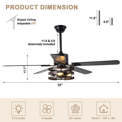 BellaDepot 52" Farmhouse Industrial Brown Ceiling Fan with Remote Control, 6 Speeds Ceiling Fan with Lights for Living Room- DC5224