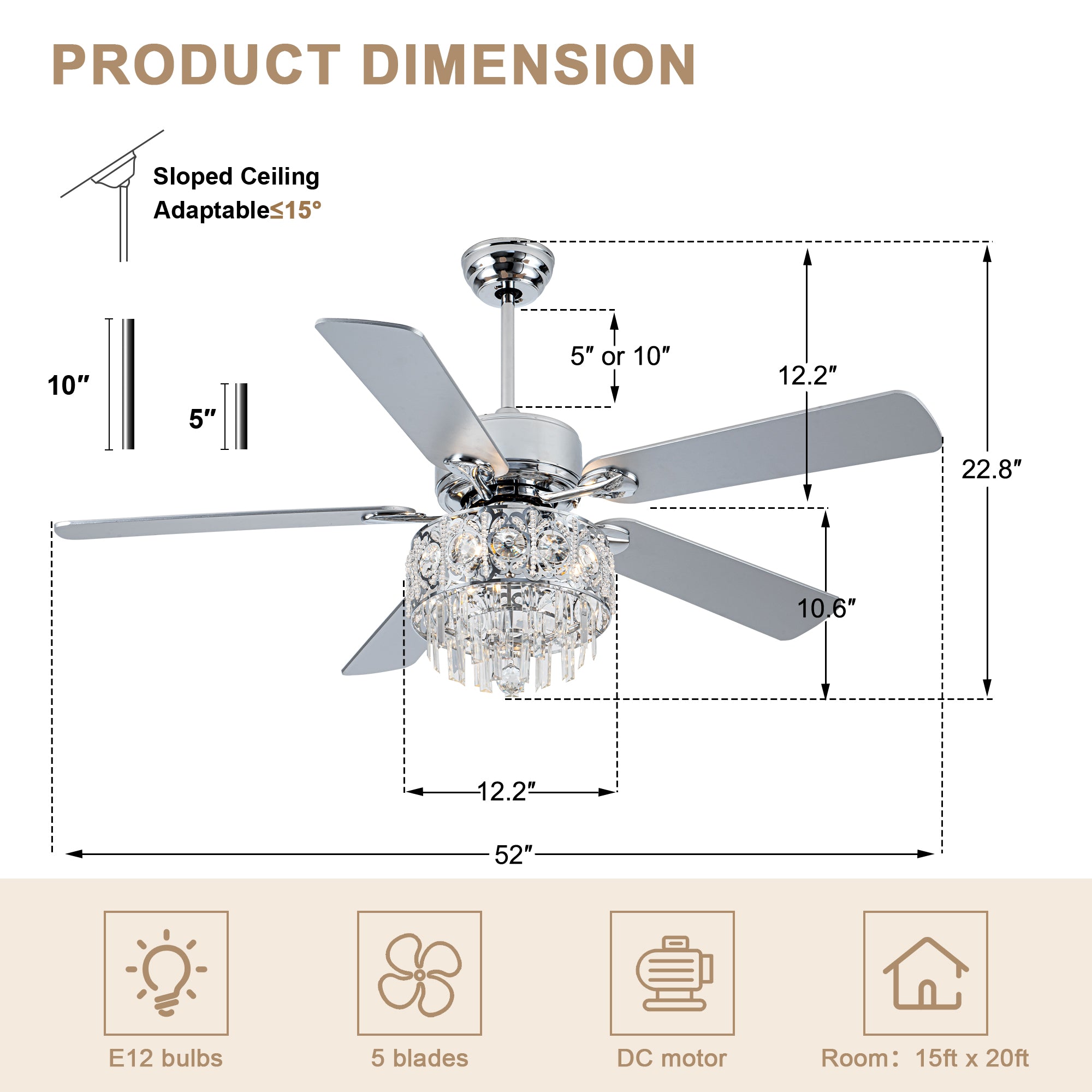 BD2064-BellaDepot 52" Silver Finish Deluxe Crystal Reversible Ceiling Fan with 3 Lights and Remote