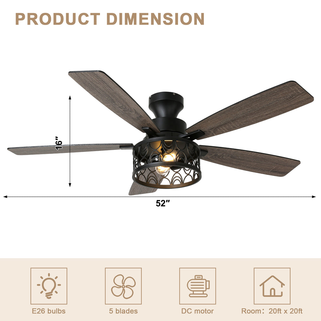 52 Inch Industrial Flush Mount Ceiling Fan with Lights and Remote Control, 6 Speeds Reversible Caged Ceiling Fan for Low Profile