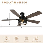 52 Inch Industrial Flush Mount Ceiling Fan with Lights and Remote Control, 6 Speeds Reversible Caged Ceiling Fan for Low Profile