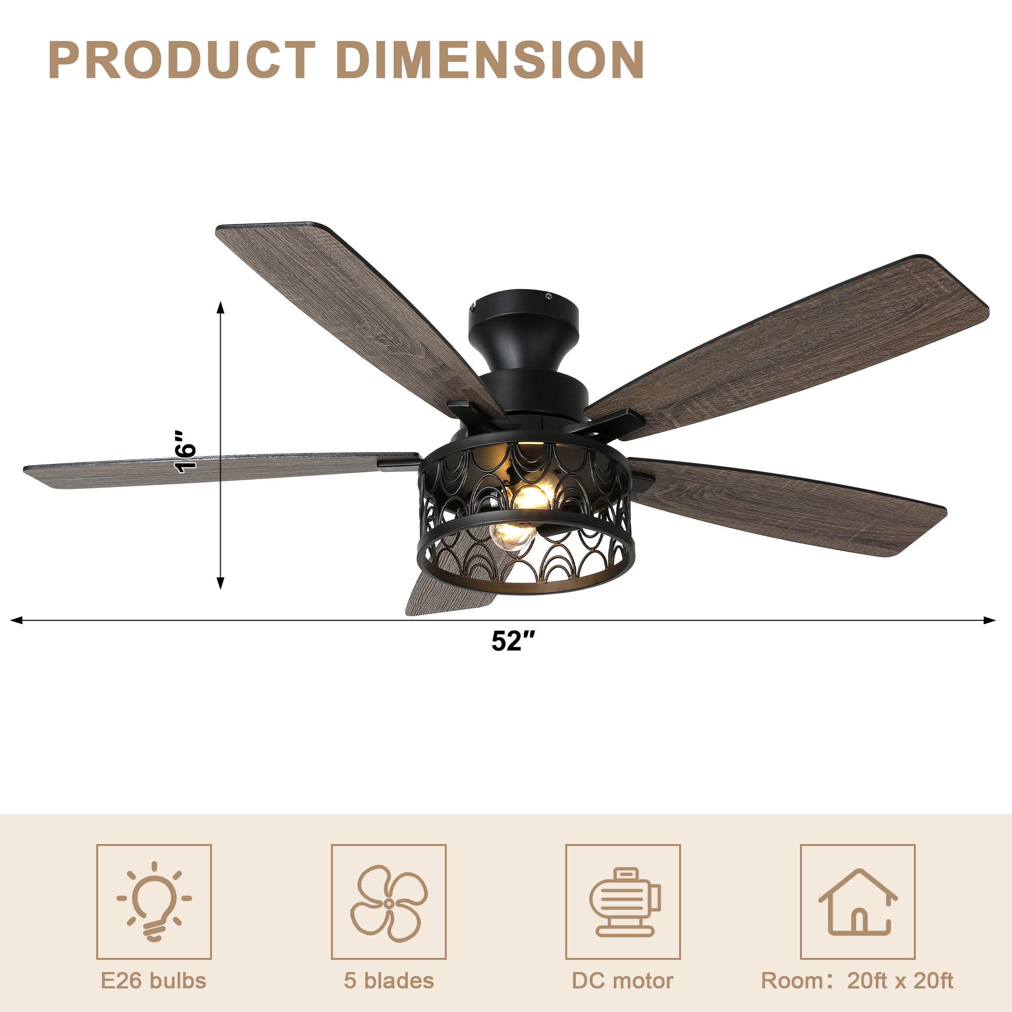 52 Inch Industrial Flush Mount Ceiling Fan with Lights and Remote Control, 6 Speeds Reversible Caged Ceiling Fan for Low Profile