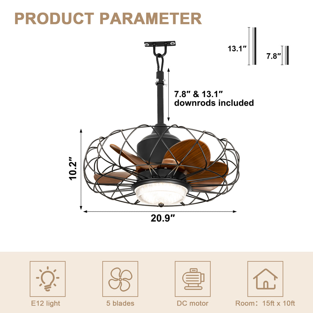 21 Inch Outdoor Caged Ceiling Fan with LED Light and Remote & APP Control, 6-Speed Reversible Modern Waterproof Industrial Ceiling Fan for Patio