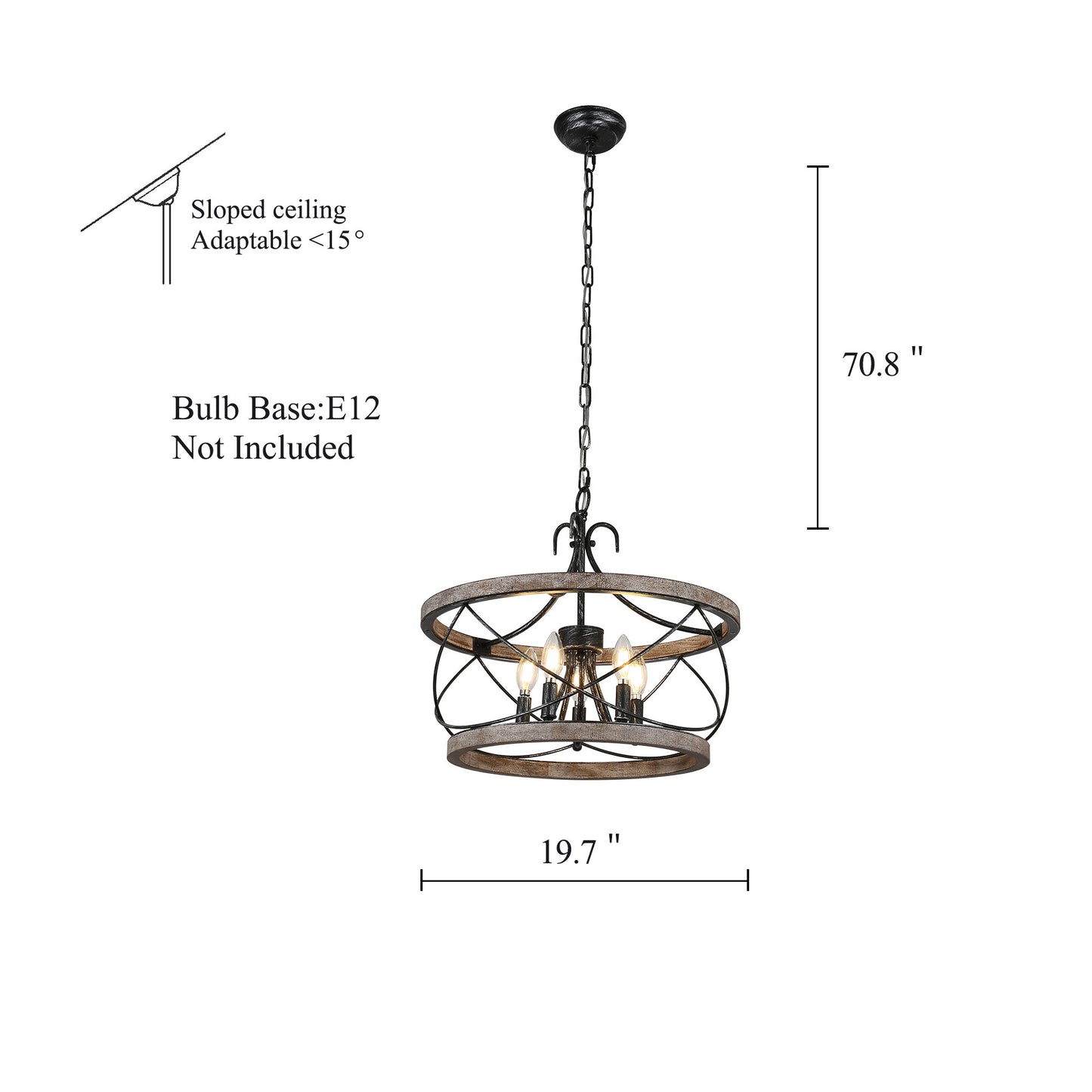 FC4065-Five Lights Vintage Style Wooden Chandelier with Chain and Candelabra Bulb Base for Home Bedroom Dining Room Entrance Door