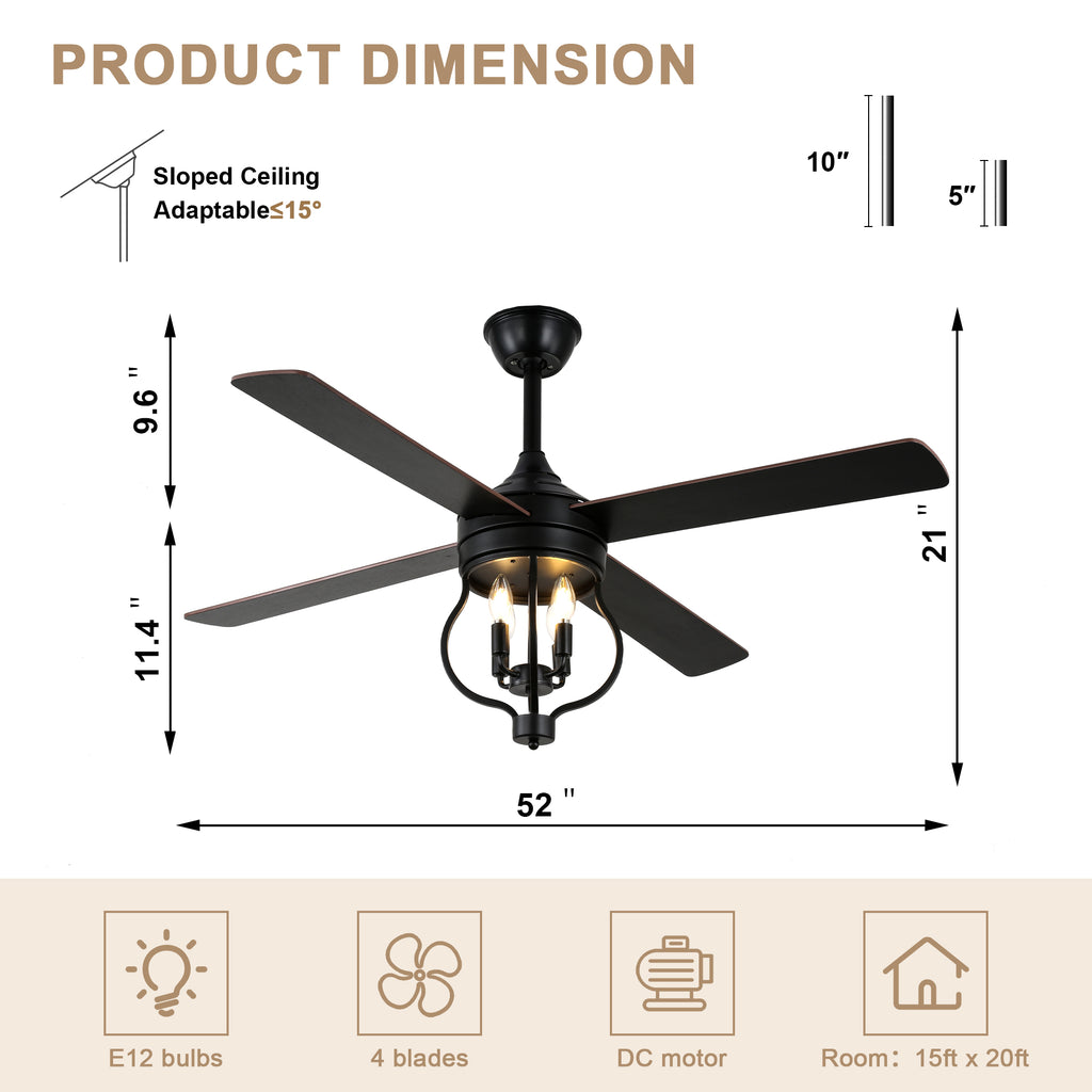 48 Inch Black Classic Ceiling Fan with Lights and Remote Control, 6 Speeds 4-Blade DC Motor Reversible Ceiling Fan for Living Room