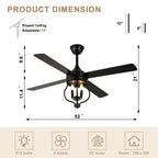 48 Inch Black Classic Ceiling Fan with Lights and Remote Control, 6 Speeds 4-Blade DC Motor Reversible Ceiling Fan for Living Room