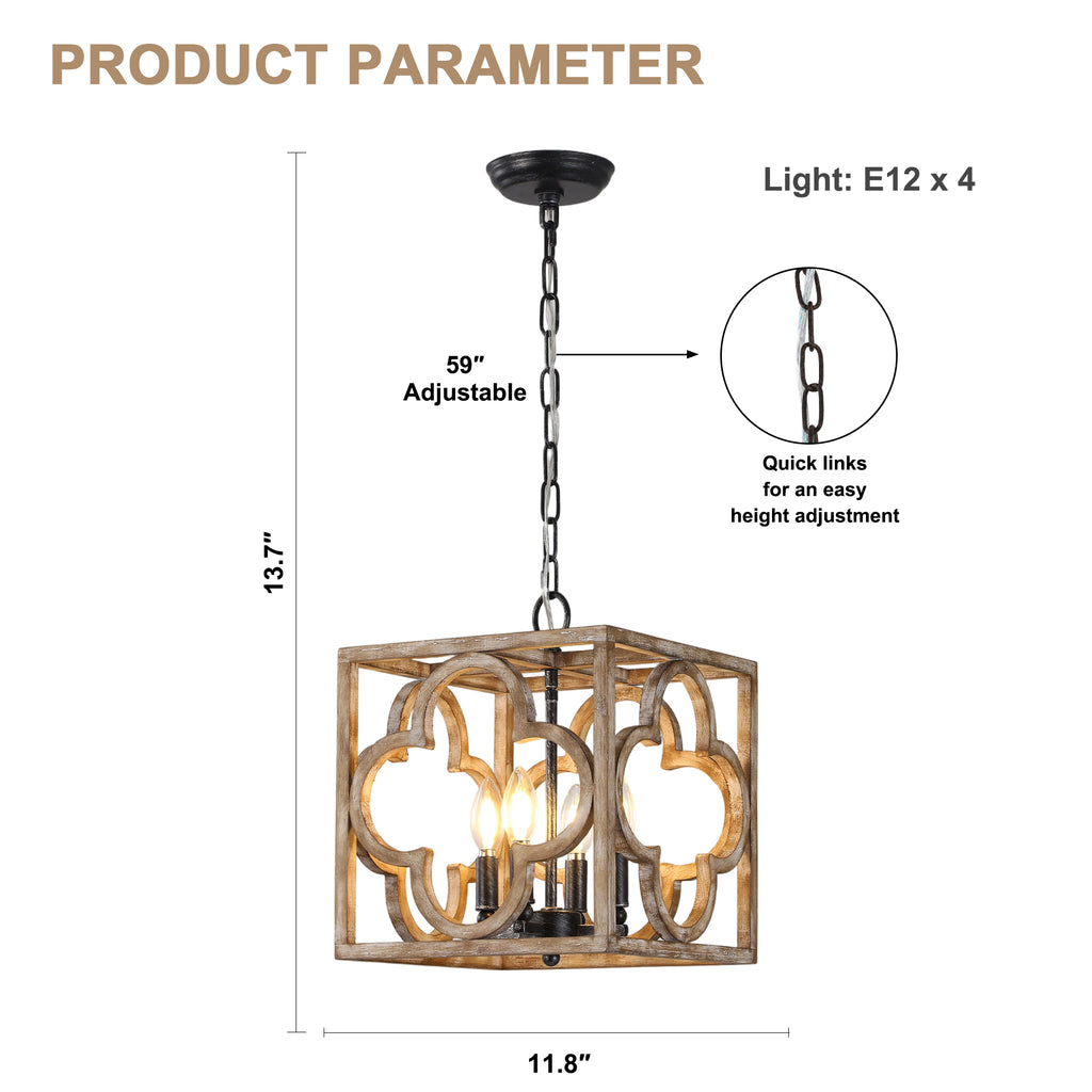Farmhouse Wooden Square 14 Inch Chandelier with 4-Light Hollowed Out Handmade Wooden Adjustable Chain Chandelier Vintage Chandelier Suit for Bedrooms, Living rooms, Kitchens