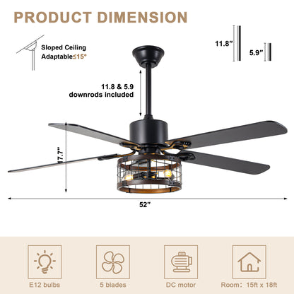 BellaDepot 52" Farmhouse Brown Caged Ceiling Fan with Remote Control, 5 Blades Standard Ceiling Fan with Lights - DC5220