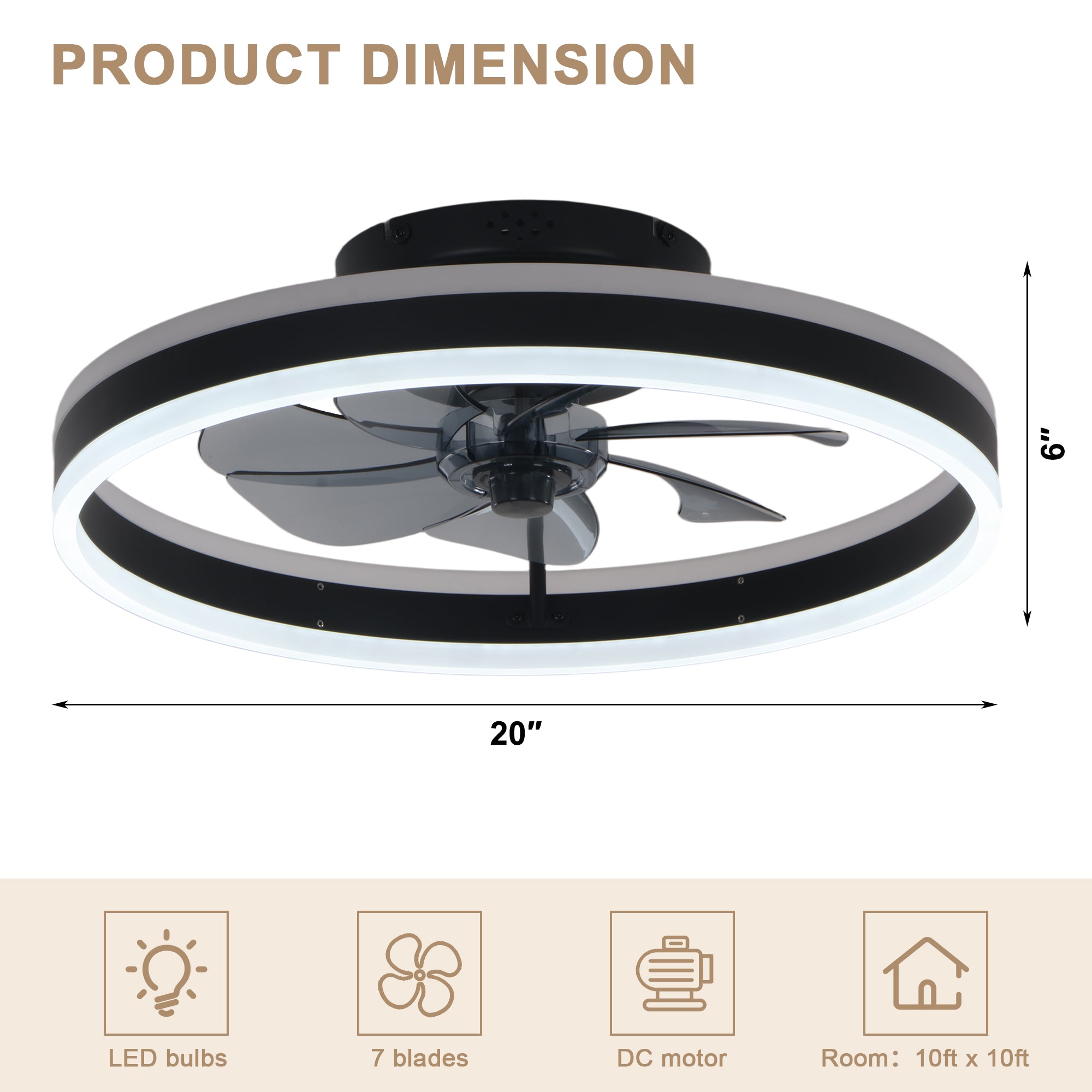 20 Inch Modern Smart Flush Mount Ceiling Fan with Dimmable LED Light and Remote, 6 Speeds DC Motor Reversible Bladeless Celing Fan for Bedroom