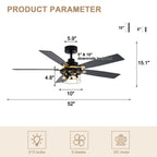 Industrial 52 Inch Gold/Black Caged Ceiling Fan with Light Quiet Reversible DC Motor with 6 Speed Remote Control Ceiling Fan 5 Blades Ceiling Fan Suit for Kitchen Bedroom Living Room