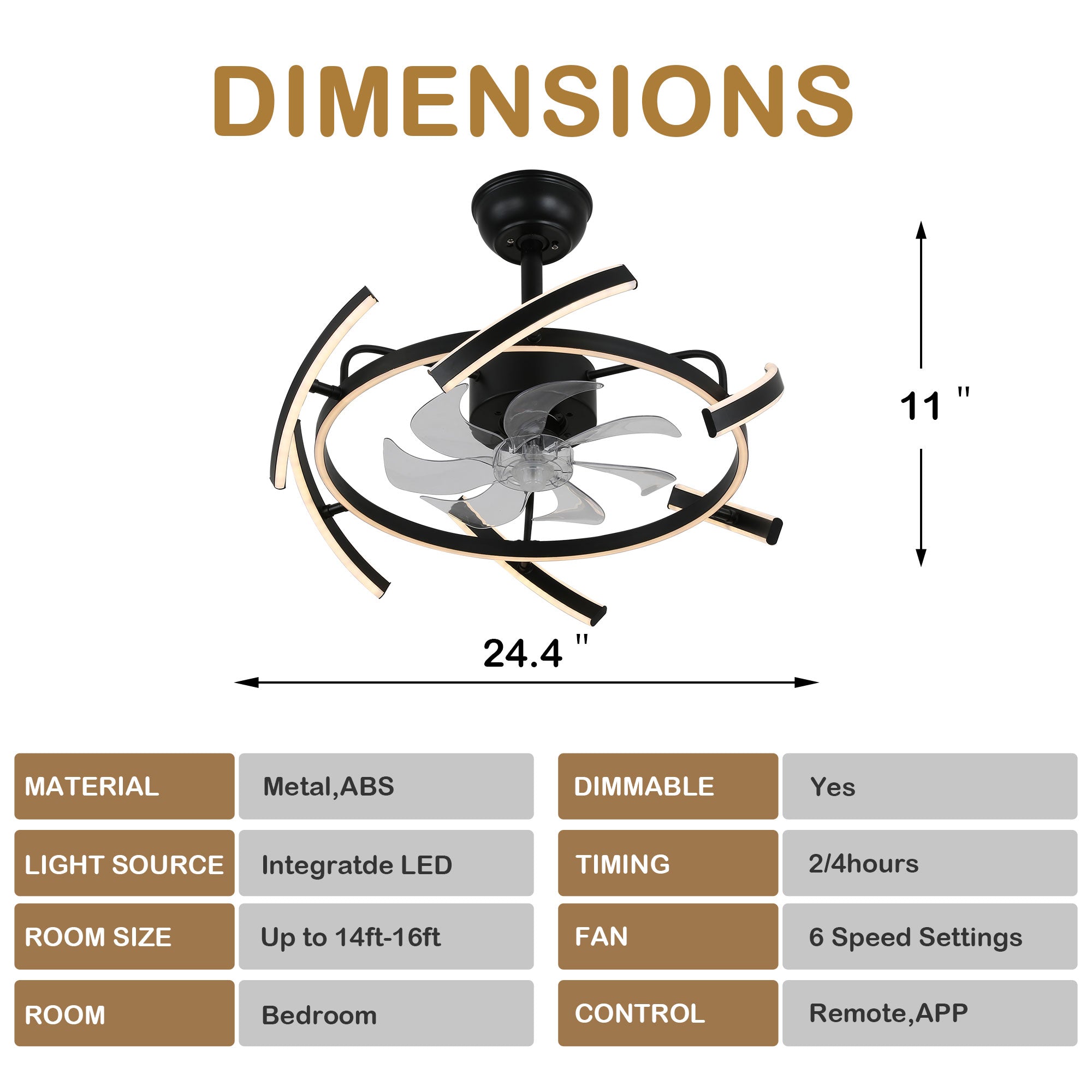 24 Inch Black Modern Smart Ceiling Fan with Dimmable LED Light and Remote, 6 Speeds DC Motor Reversible Bladeless Ceiling Fan with DIY Shape
