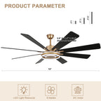 72 Inch Black/Gold/Chrome 8-Blade Modern Extra Large Ceiling Fan with LED Light and Remote, 6 Speeds DC Motor Reversible Ceiling Fan