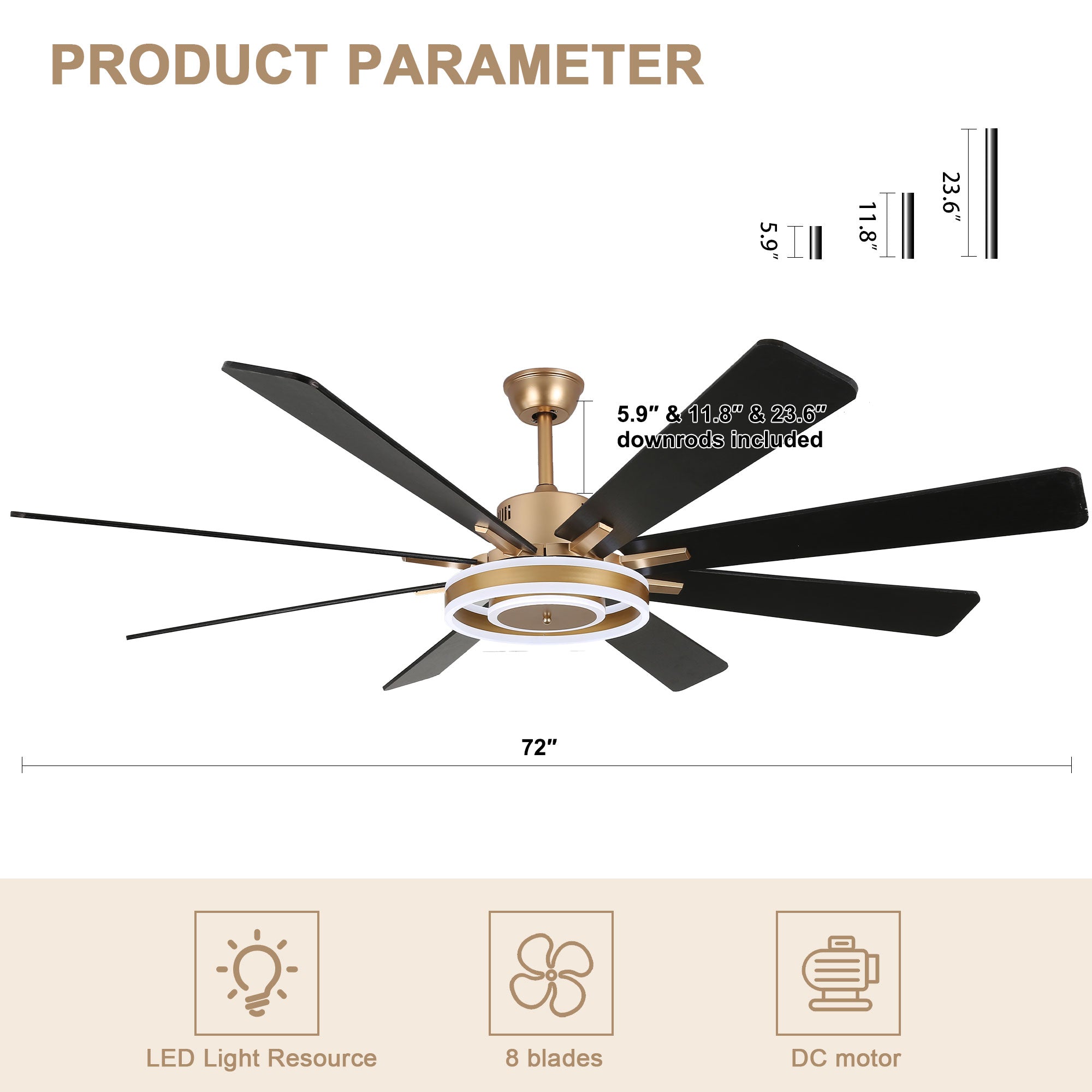 DC7202-BellaDepot 72" 8 Wooden Blades Gold/Black/Silver Finish Modern Urban Reversible Ceiling Fan with Remote and LED Light Kit Included, Large Size Dimmable Ceiling Fan