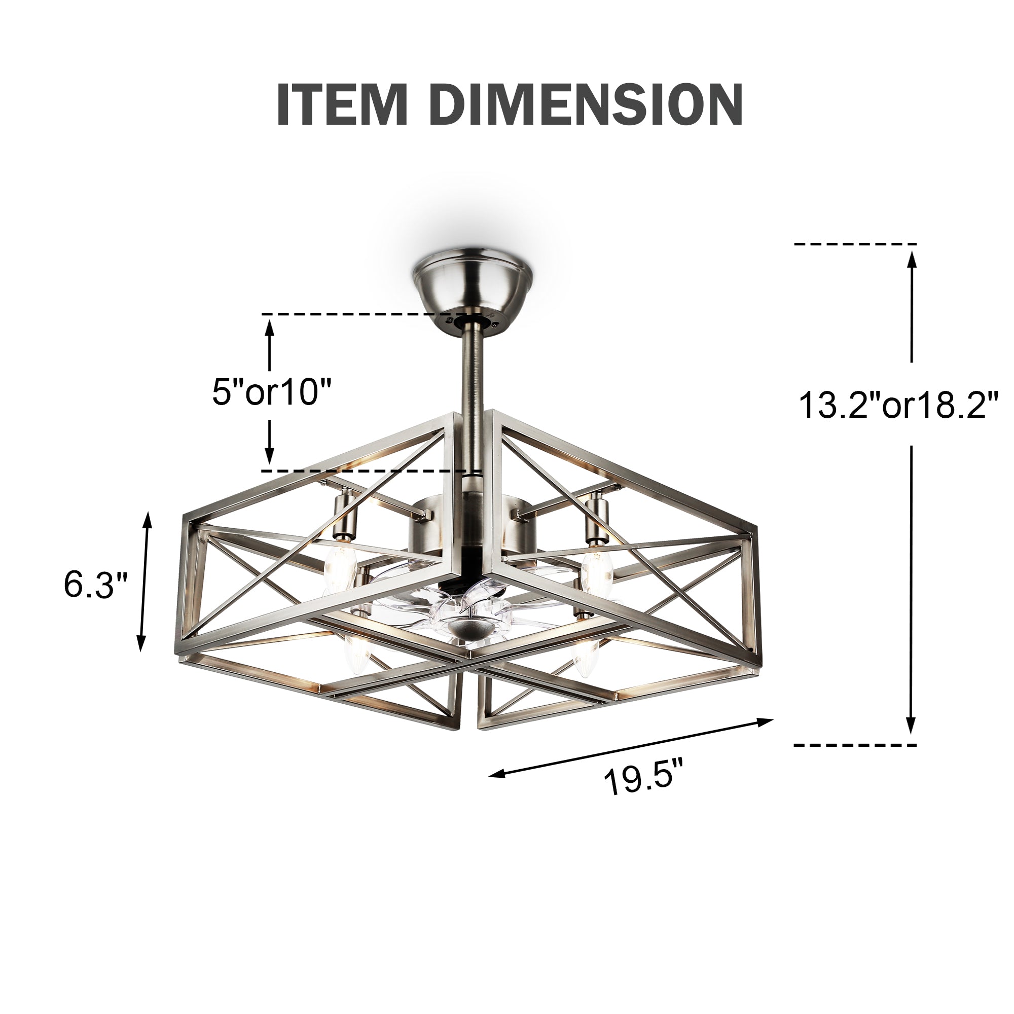 20 Inch Nickel Industrial Ceiling Fan with Remote Control, 3-Speed Reversible Bladeless Fandelier Ceiling Fan for Bedroom