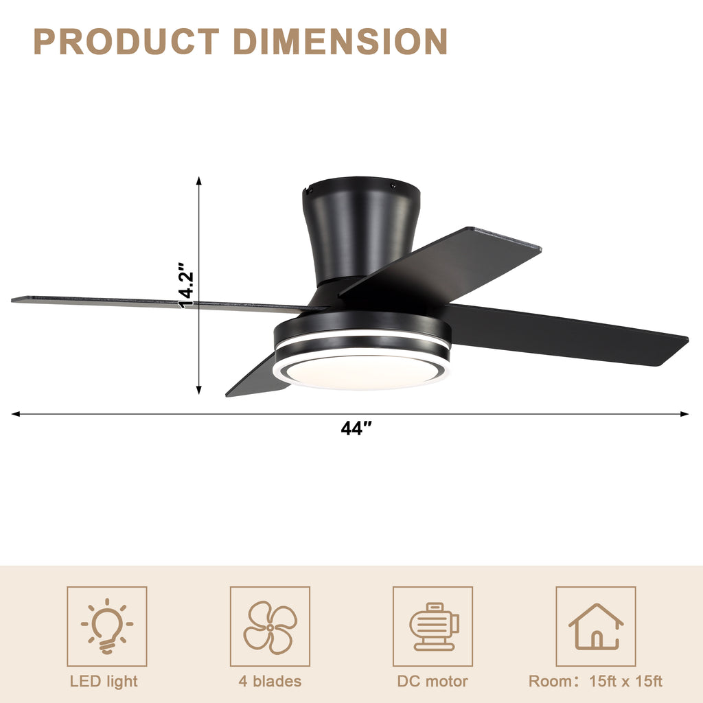 44 Inch Black/Chrome Modern Flush Mount Ceiling Fan with Dimmable LED Lights and Remote, 6 Speeds DC Motor Low Profile Ceiling Fan