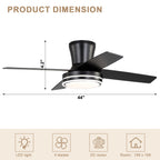 44 Inch Black/Chrome Modern Flush Mount Ceiling Fan with Dimmable LED Lights and Remote, 6 Speeds DC Motor Low Profile Ceiling Fan