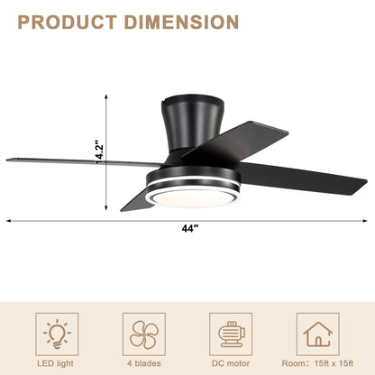 DC4401-B/C-BellaDepot 44" Modern Contemporary Silver or Black LED Ceiling Fan with Remote and Lights, Standard Flush Mount Ceiling Fan for Living Room