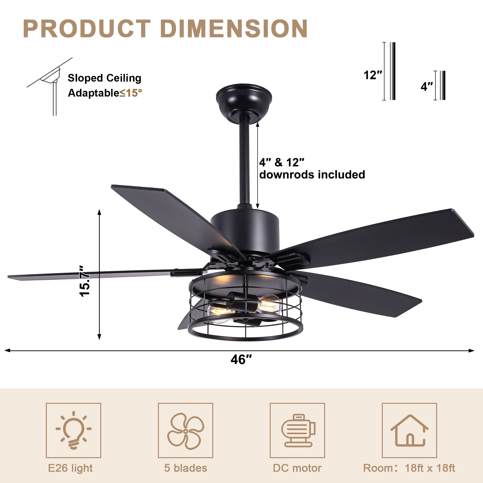 46 Inch 5-Blade Black Industrial Ceiling Fan with Lights and Remote Control, 6 Speeds DC Motor Caged Ceiling Fan for Living Room
