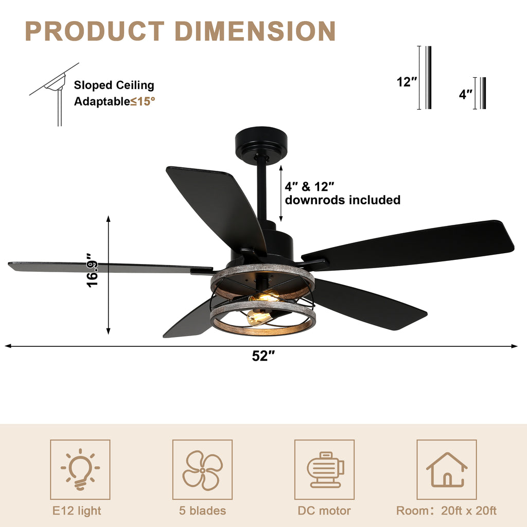 52 Inch Black Farmhouse Ceiling Fan with Lights and Remote Control, 6 Speeds DC Motor Reversible Caged Ceiling Fan