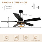 52 Inch Black Farmhouse Ceiling Fan with Lights and Remote Control, 6 Speeds DC Motor Reversible Caged Ceiling Fan