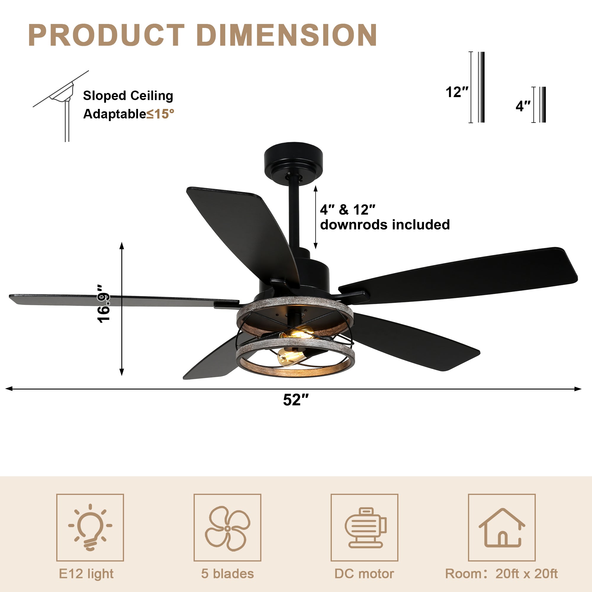 DC255203-B-BellaDepot 52 Inch Farmhouse Ceiling Fan with Remote Control, Wood Grain Ceiling Fan with Lights