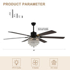 DC6502-BellaDepot 65" Black/Silver Finish Metal Crystal Wooden Reversible Ceiling Fan with Remote and 3 Lights, Large Size Ceiling Fan
