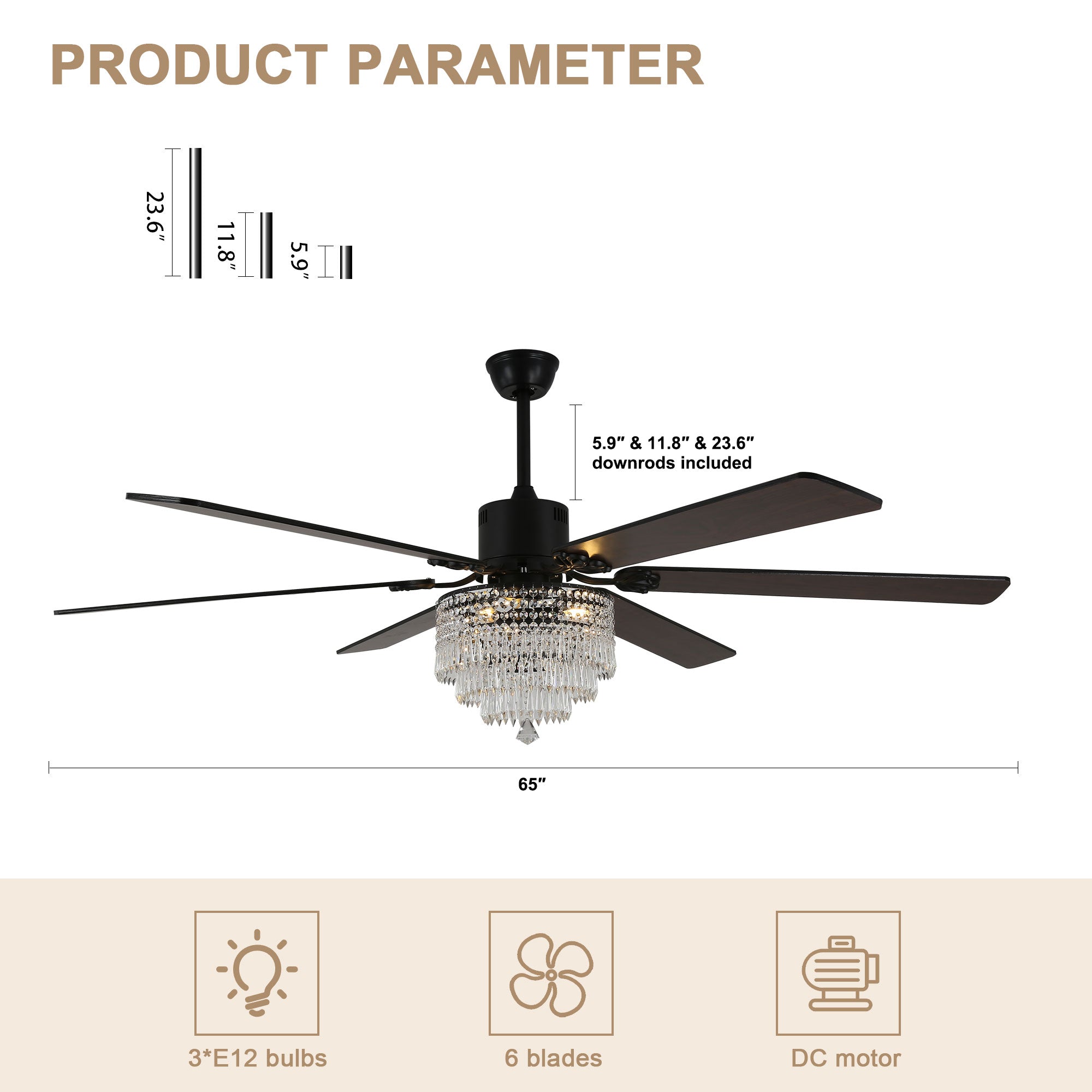 DC6502-BellaDepot 65" Black/Silver Finish Metal Crystal Wooden Reversible Ceiling Fan with Remote and 3 Lights, Large Size Ceiling Fan