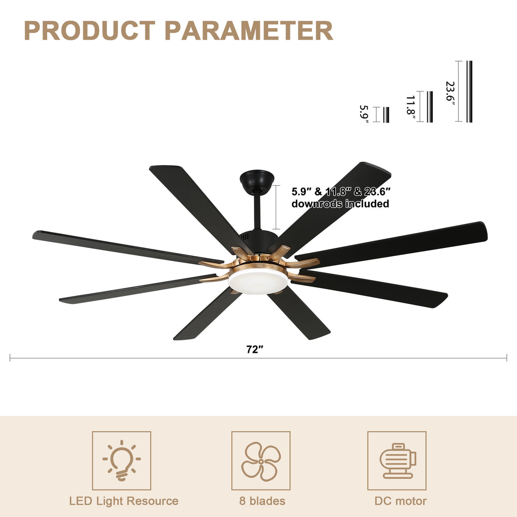 72 Inch Black/Chrome Modern Extra Large Ceiling Fan with LED Light and Remote, 6 Speeds 8-Blade DC Motor Reversible Ceiling Fan for Living Room