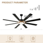 72 Inch Black/Chrome Modern Extra Large Ceiling Fan with LED Light and Remote, 6 Speeds 8-Blade DC Motor Reversible Ceiling Fan for Living Room