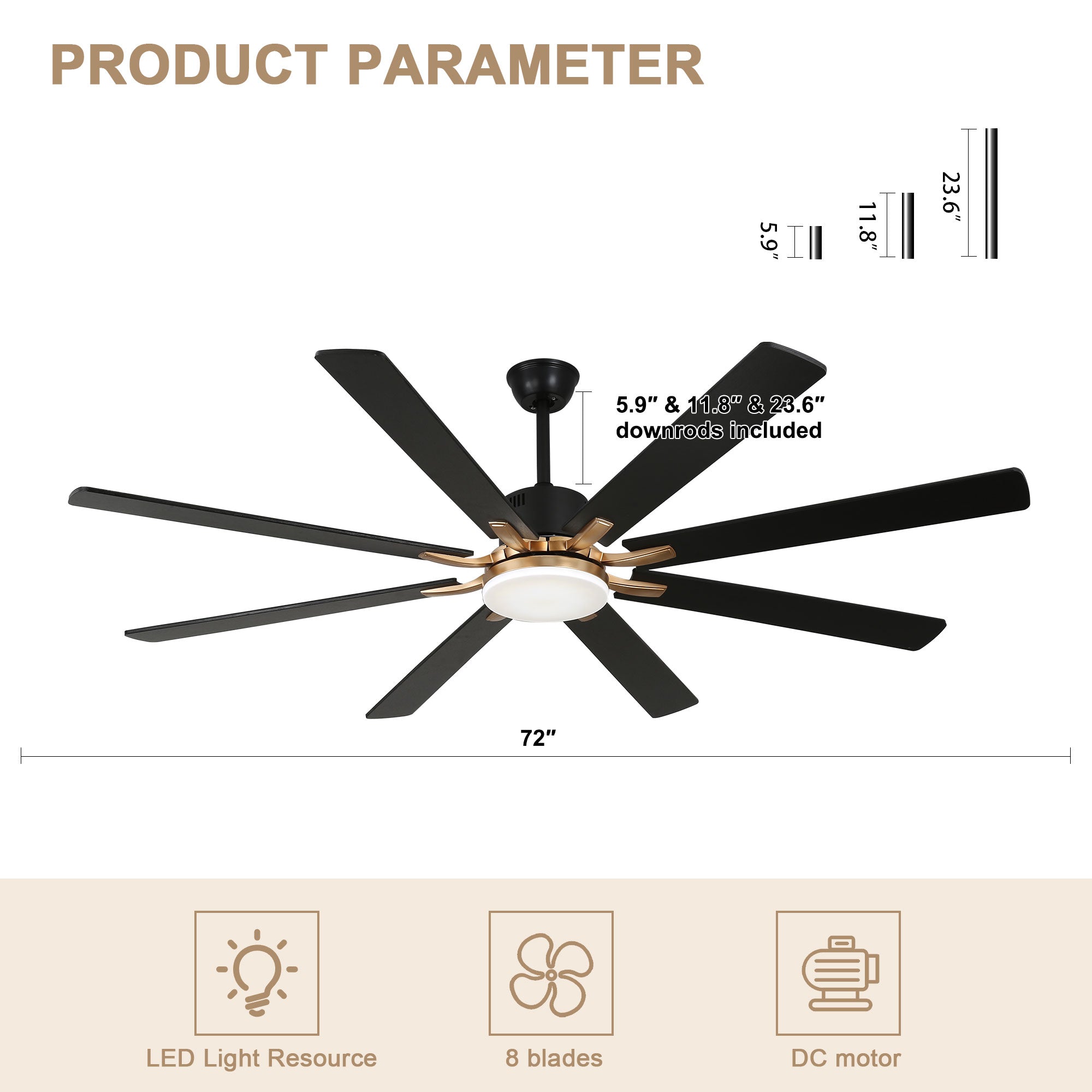 DC7203-BellaDepot 72" 8 Blades Black/Silver Finish Modern Urban Reversible Ceiling Fan with Remote and LED Light Kit Included, Large Size Dimmable Ceiling Fan
