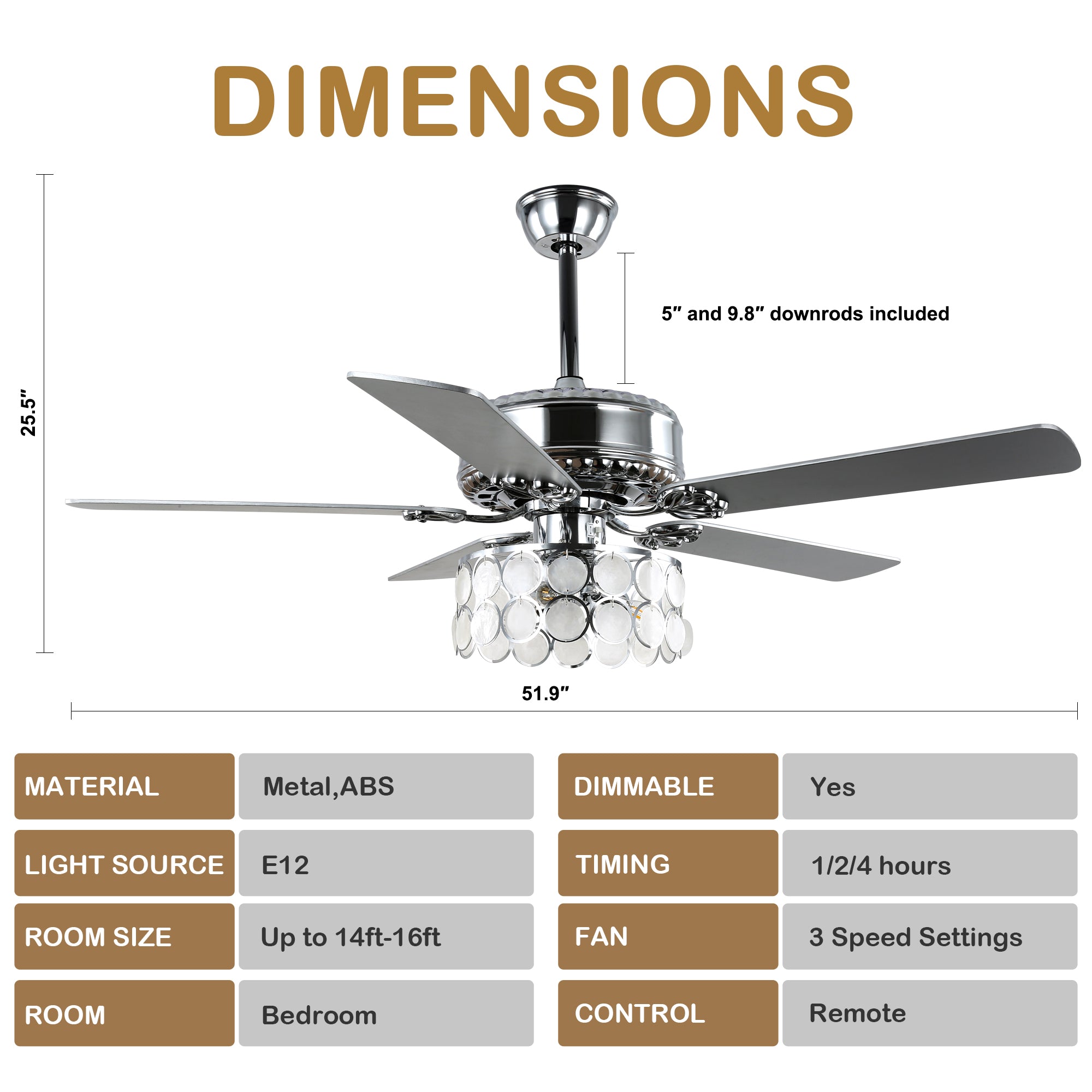 DC5216-BellaDepot 52" 5 Wooden Blades Chrome Finish Modern Reversible Ceiling Fan with Remote and Light, 6-speed Large Size Ceiling Fan