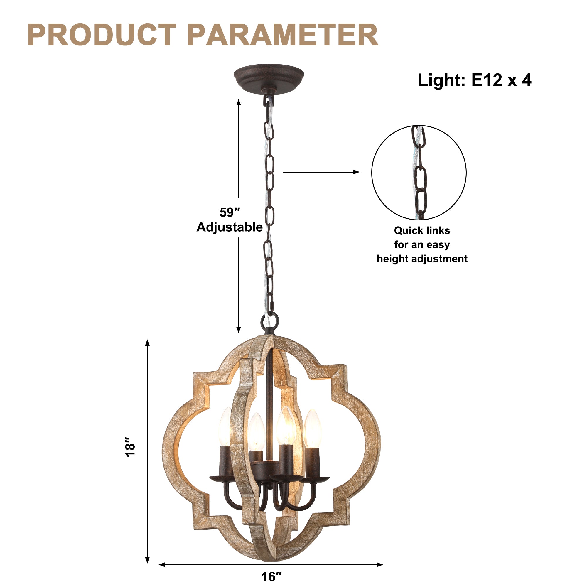 4 - Light Farmhouse Solid Wood Chandelier, Orb Geometric Chandelier Hanging Chandelier Wood Light Fixture Rustic Wooden Chandelier