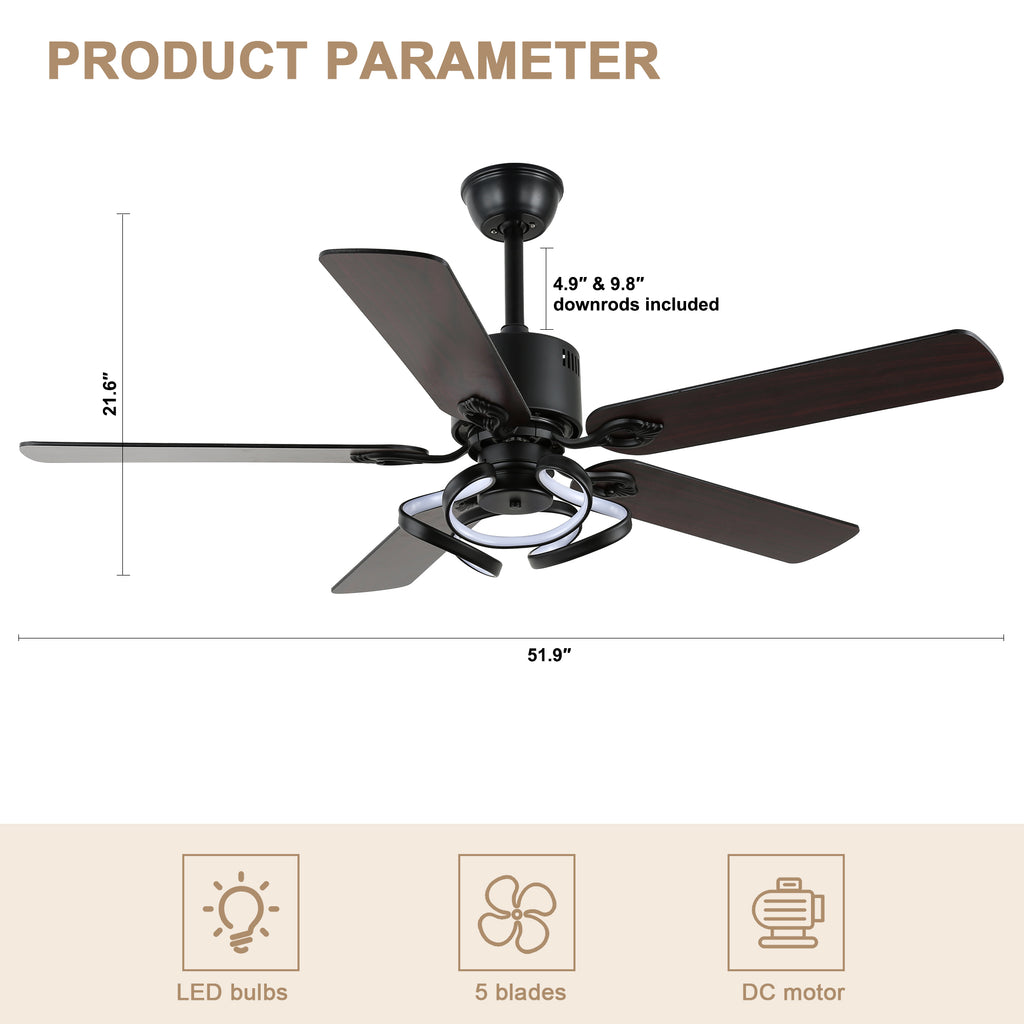 52 Inch Black/Chrome Modern Ceiling Fan with Led Light and Remote Control, 6 Speeds DC Motor Reversible Ceiling Fan for Living Room