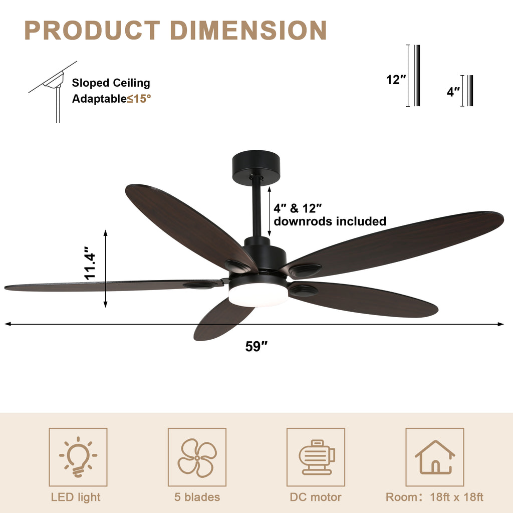 59 Inch Modern Black Ceiling Fan with Dimmable LED Light and Remote Control, 6 Speeds Reversible Ceiling Fan for Large Room