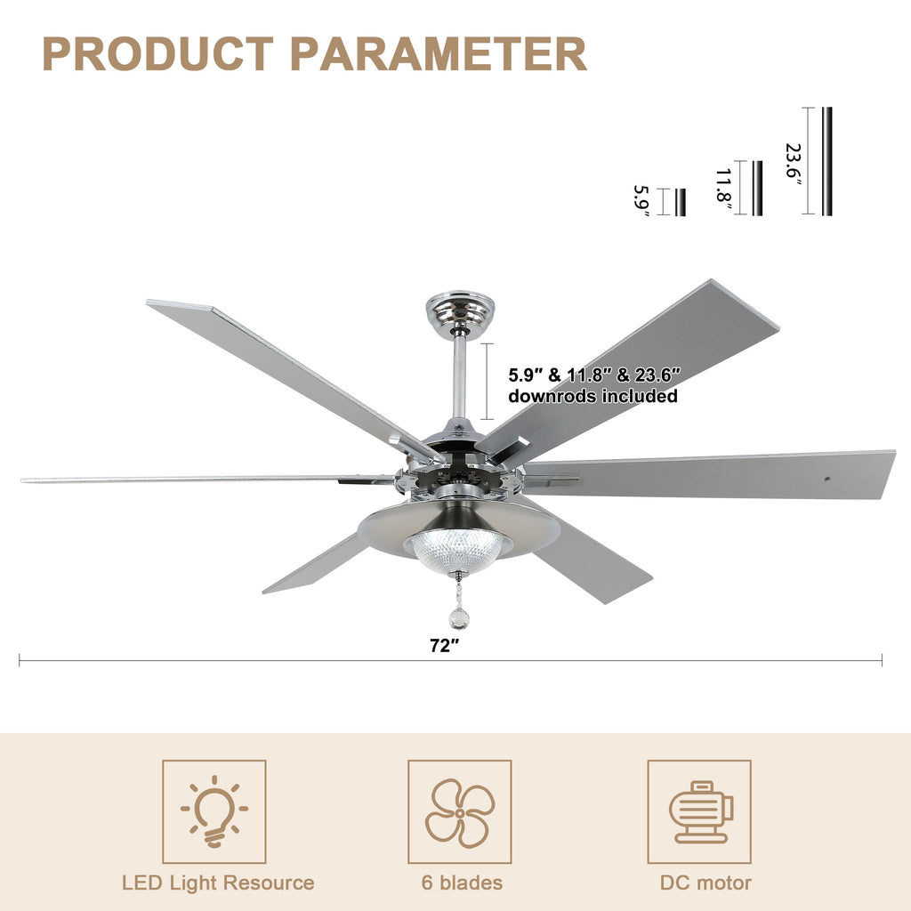 DC7204-BellaDepot 72" Silver/Black Finish Modern Urban Crystal Reversible Ceiling Fan with Remote and LED Light Kit, Large Size Ceiling Fan