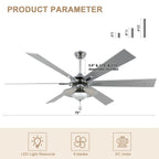 DC7204-BellaDepot 72" Silver/Black Finish Modern Urban Crystal Reversible Ceiling Fan with Remote and LED Light Kit, Large Size Ceiling Fan