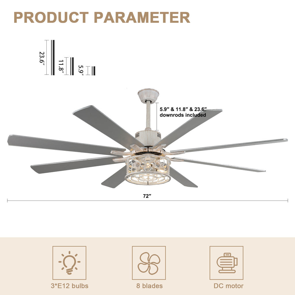 72 Inch 8-Blade Black/White Farmhouse Ceiling Fan with Lights and Remote, 6 Speeds DC Motor Reversible Extra Large Caged Ceiling Fan