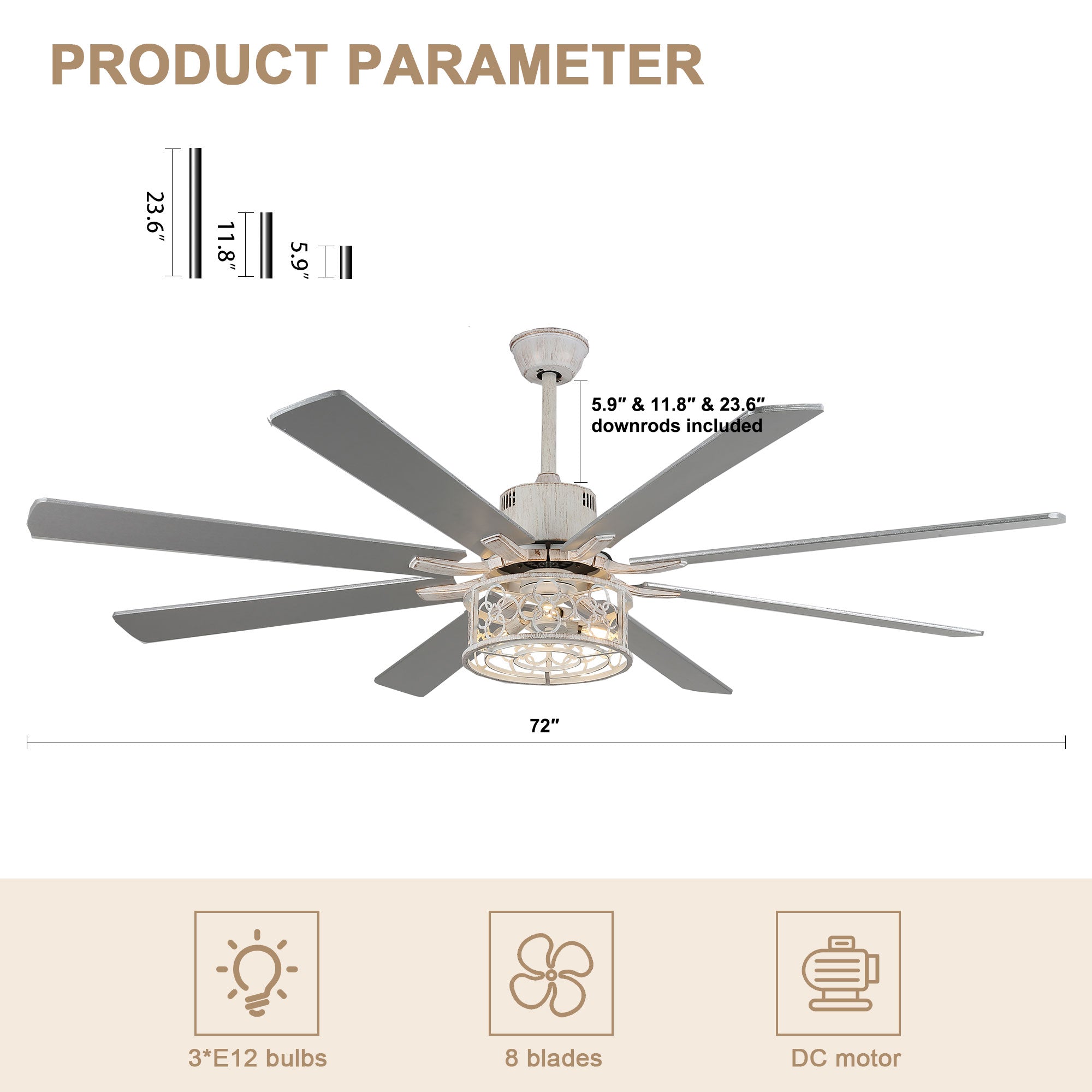 DC7201-72" 8 Wooden Blades White/Black Farmhouse Reversible Ceiling Fan with Remote and 3 Lights, Large Size Ceiling Fan