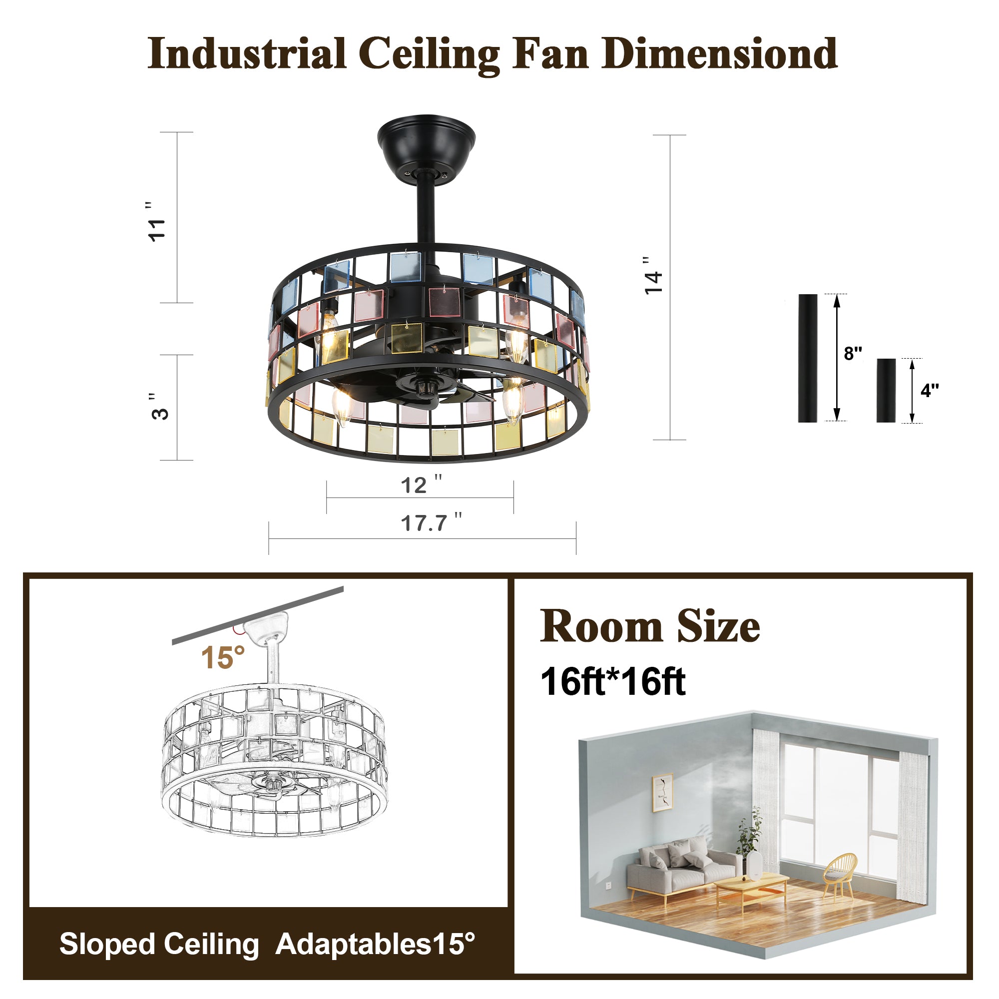BD1813-BellaDepot 17.7" Black/White Finish Industrial Caged Reversible Ceiling Fan with 4 Lights and Remote