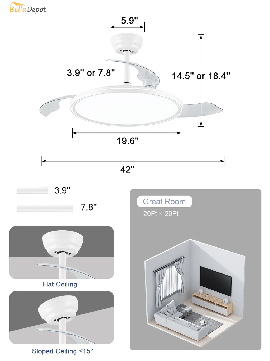 Modern 42 Inch Retractable Ceiling Fan with Light Dimmable LED Light and Quiet DC Motor Ceiling Fan Smart Control Ceiling Fan with Light Suit for Living Room, Bedroom and Kitchen