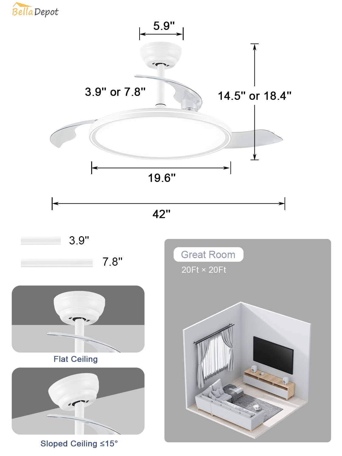 Modern 42 Inch Retractable Ceiling Fan with Light Dimmable LED Light and Quiet DC Motor Ceiling Fan Smart Control Ceiling Fan with Light Suit for Living Room, Bedroom and Kitchen