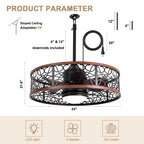 24 Inch Farmhouse Outdoor Waterproof Ceiling Fan with LED Light and Remote, 6 Speeds Black Plug In Caged Outdoor Fan Light