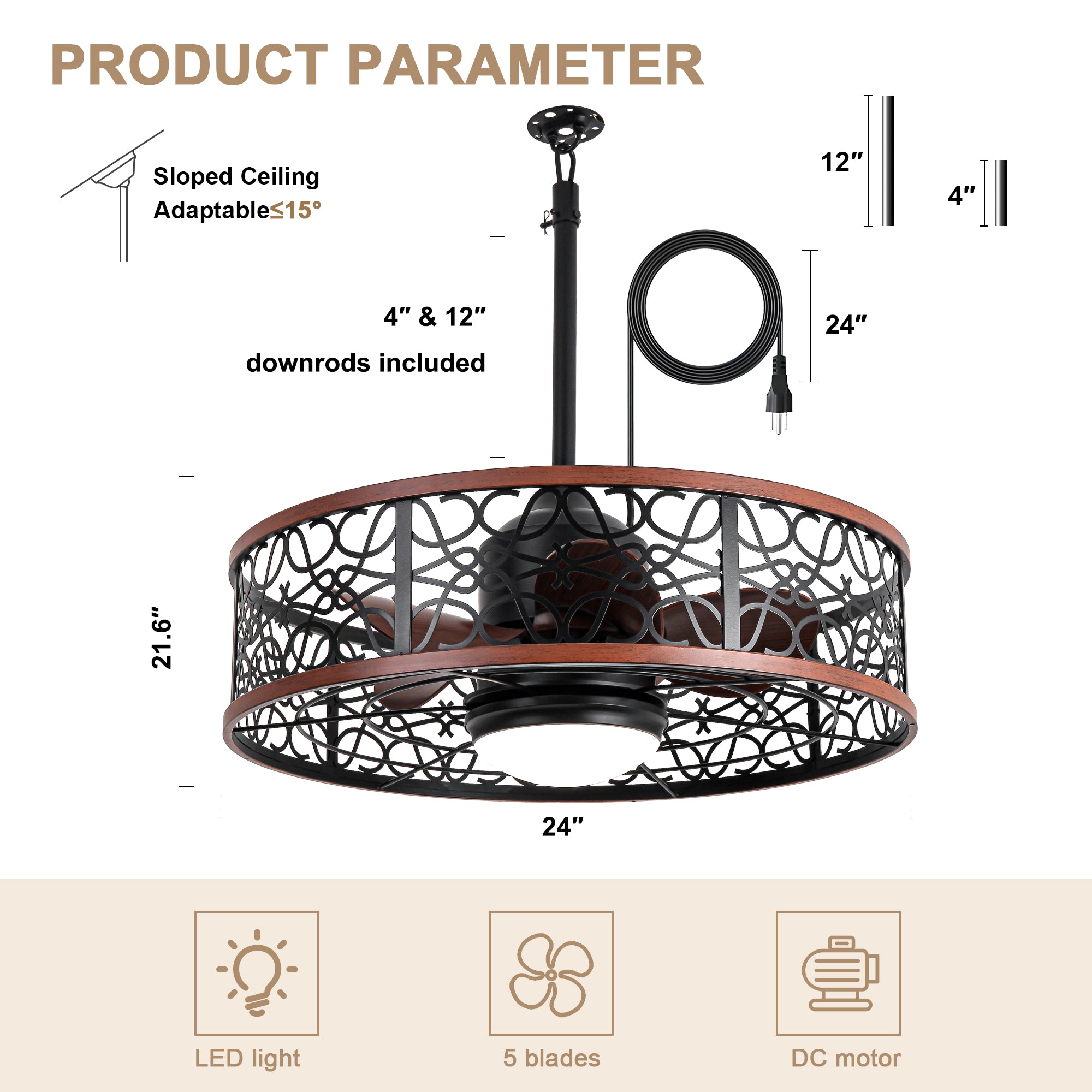 HW2310-GED-BellaDepot 24" Outdoor Iron Carving Caged Ceiling Fan with Remote Control, DC Motor 6 Speeds Fan with LED Lights