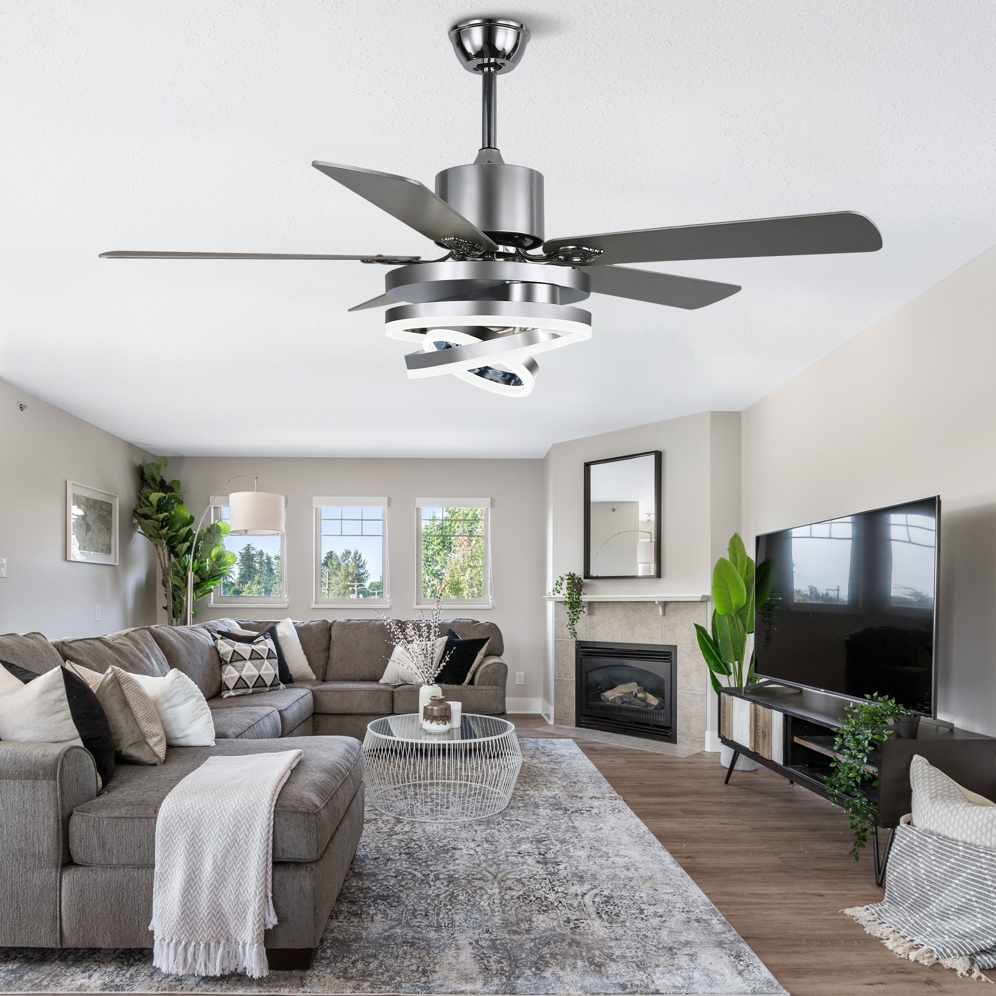 52 Inch Black/Chrome Modern Ceiling Fan with LED Light and Remote Control, 6 Speeds DC Motor Reversible Ceiling Fan with DIY Shade