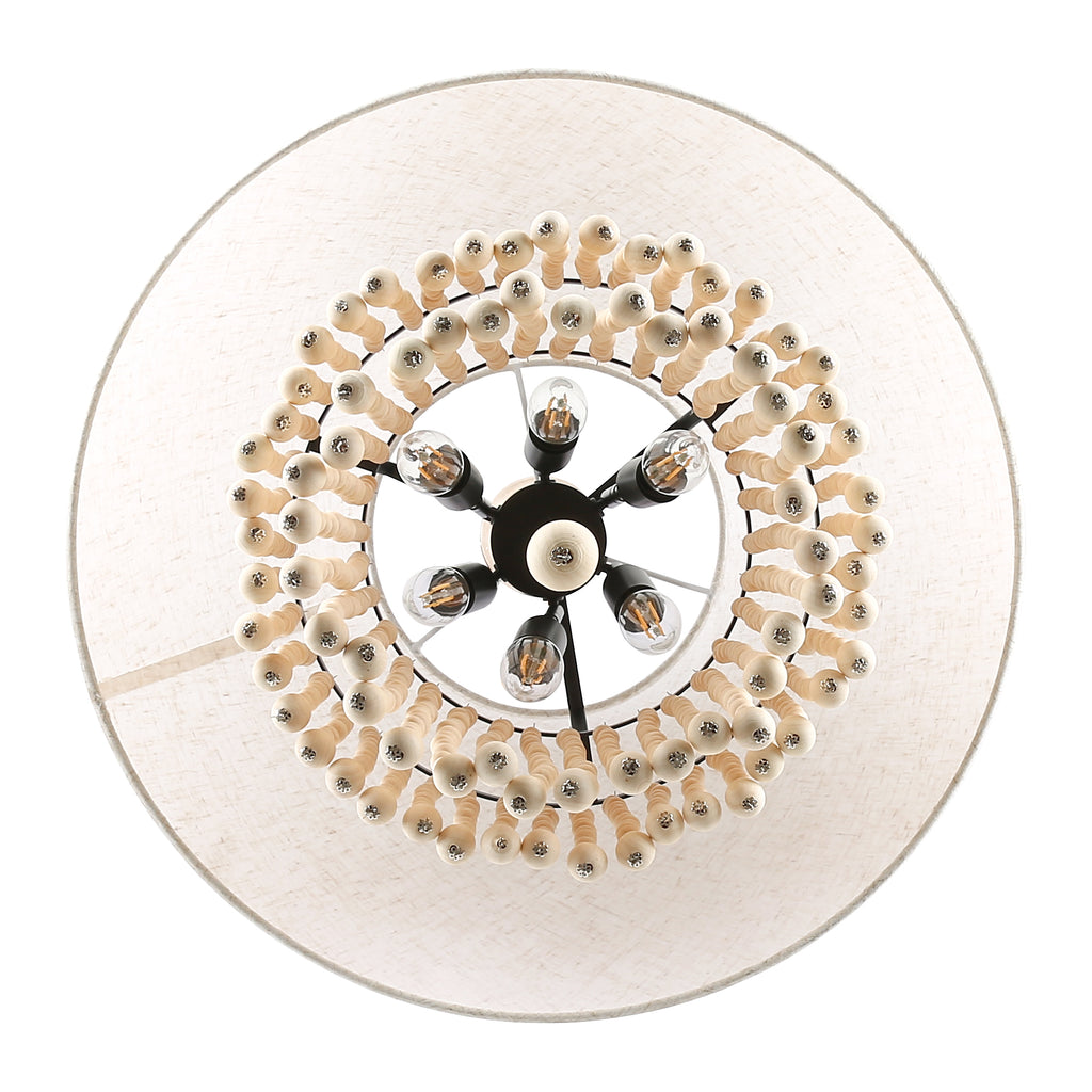 3 - Lights Bohemian Drum Chandelier with Wood Beaded Shade, Fabric Chandelier for Dining Room Living Room