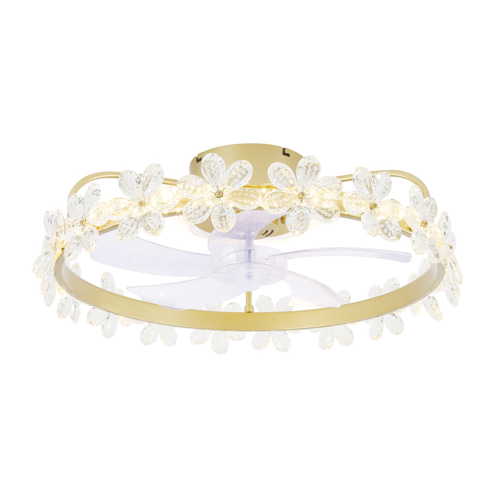 21 Inch Modern Crystal Flower Flush Mount Ceiling Fan with LED Light and Remote, 6 Speeds DC Motor Low Profile Ceiling Fan