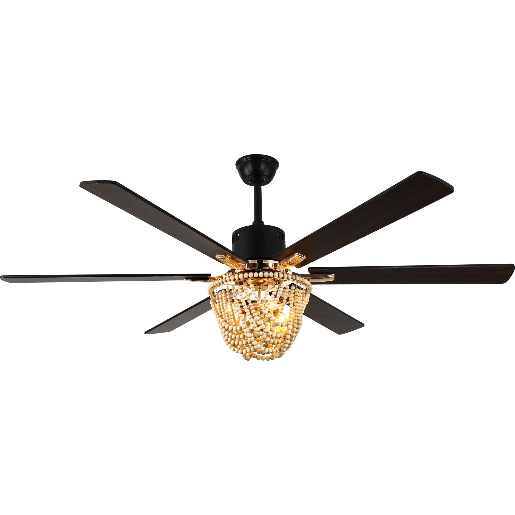 65 Inch Black Bohemian Ceiling Fan with Lights and Remote Control, 6 Speeds Large Ceiling Fan with Wood Beaded Shade