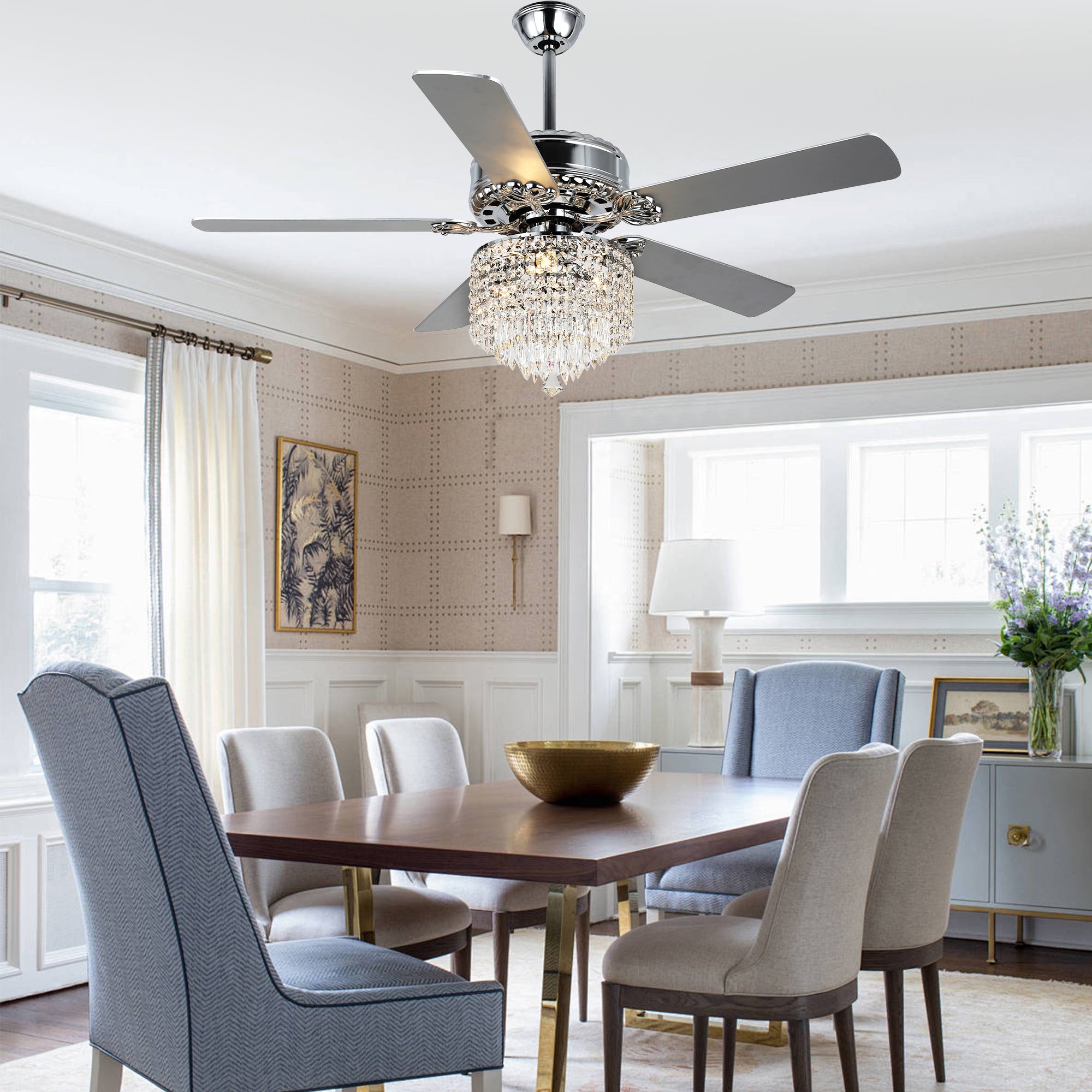 DC2017-BellaDepot 52" Luxury Crystal Chandelier Ceiling Fan with Remote and 3 Lights, Large Size Ceiling Fan