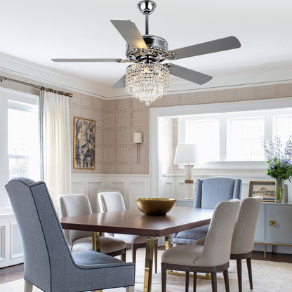 DC2017-52" 5 Wooden Blades Luxury Crystal Reversible Ceiling Fan with Remote and 3 Lights, Large Size Ceiling Fan